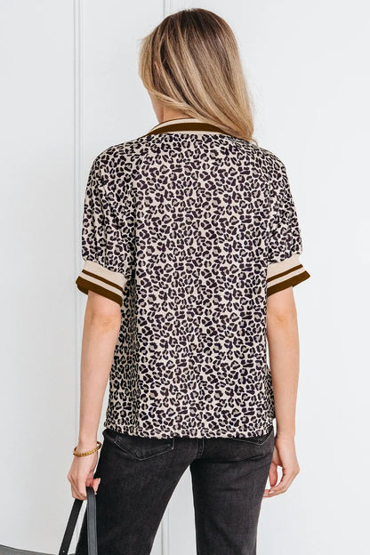 Khaki Leopard Print Half Zip Striped Trim Patchwork Short Sleeve Top - Sweet Fashion Wholesale