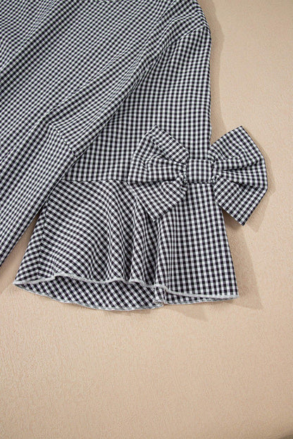 Black Plus Size Plaid Bow Decor Bell Sleeve Round Neck Jumper - Sweet Fashion Wholesale