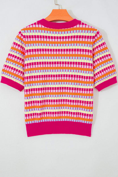 Orange Abstract Striped Knit Short Sleeve Sweater