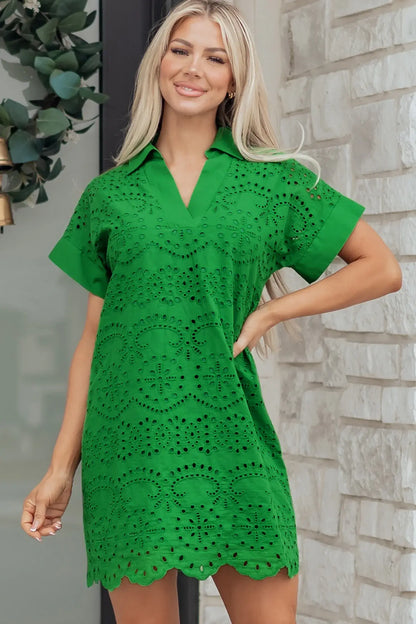 White Solid Color Eyelet Embroidered T Shirt Mini Dress - Sweet Fashion Wholesale