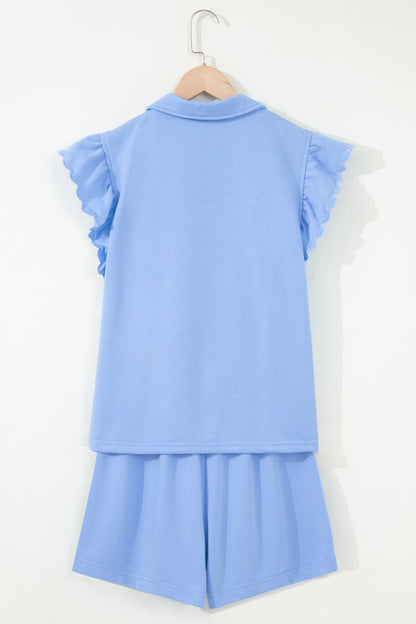 Sky Blue Half Zipped Ruffled Short Set