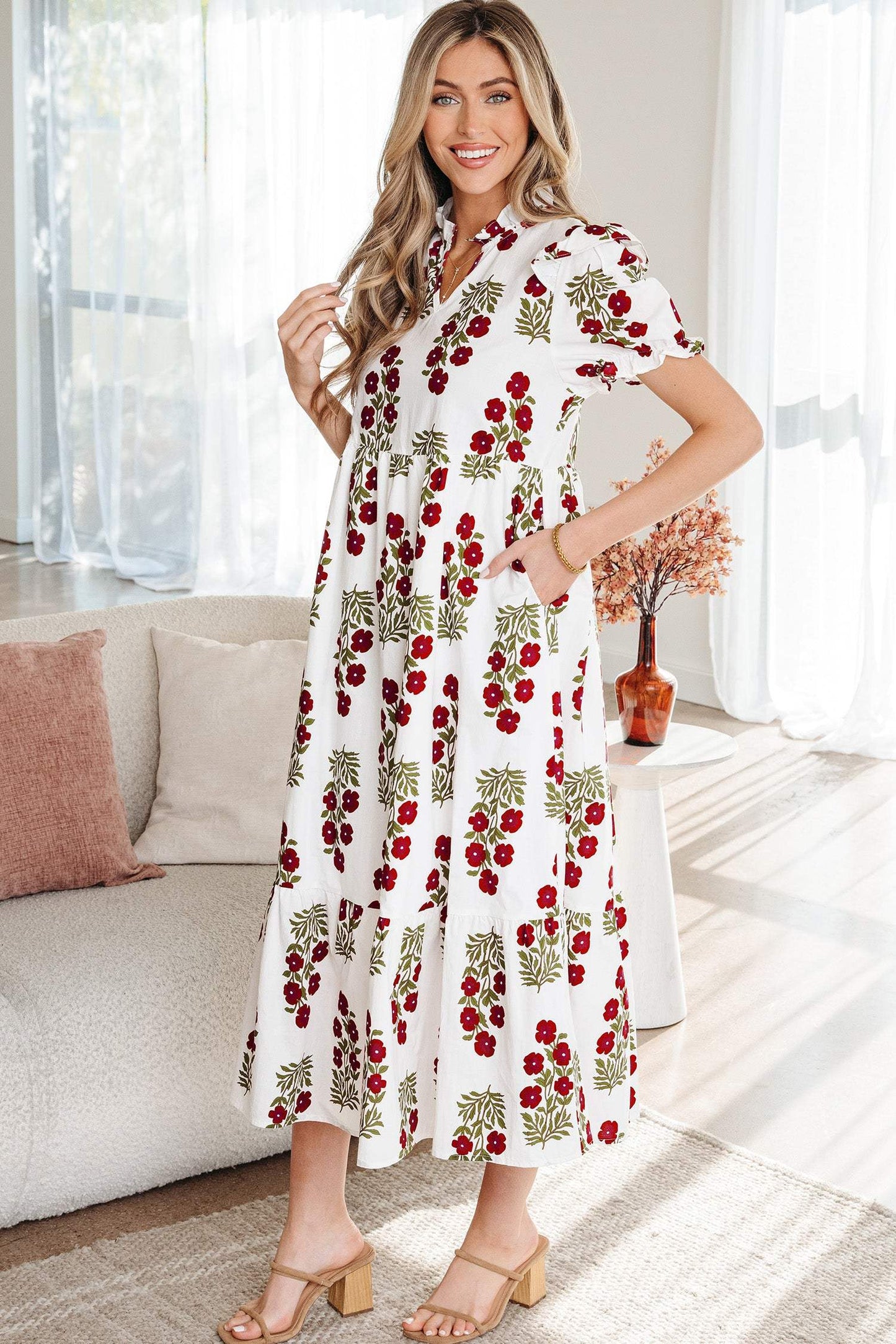 Black Floral Short Bubble Sleeve Tiered Maxi Dress
