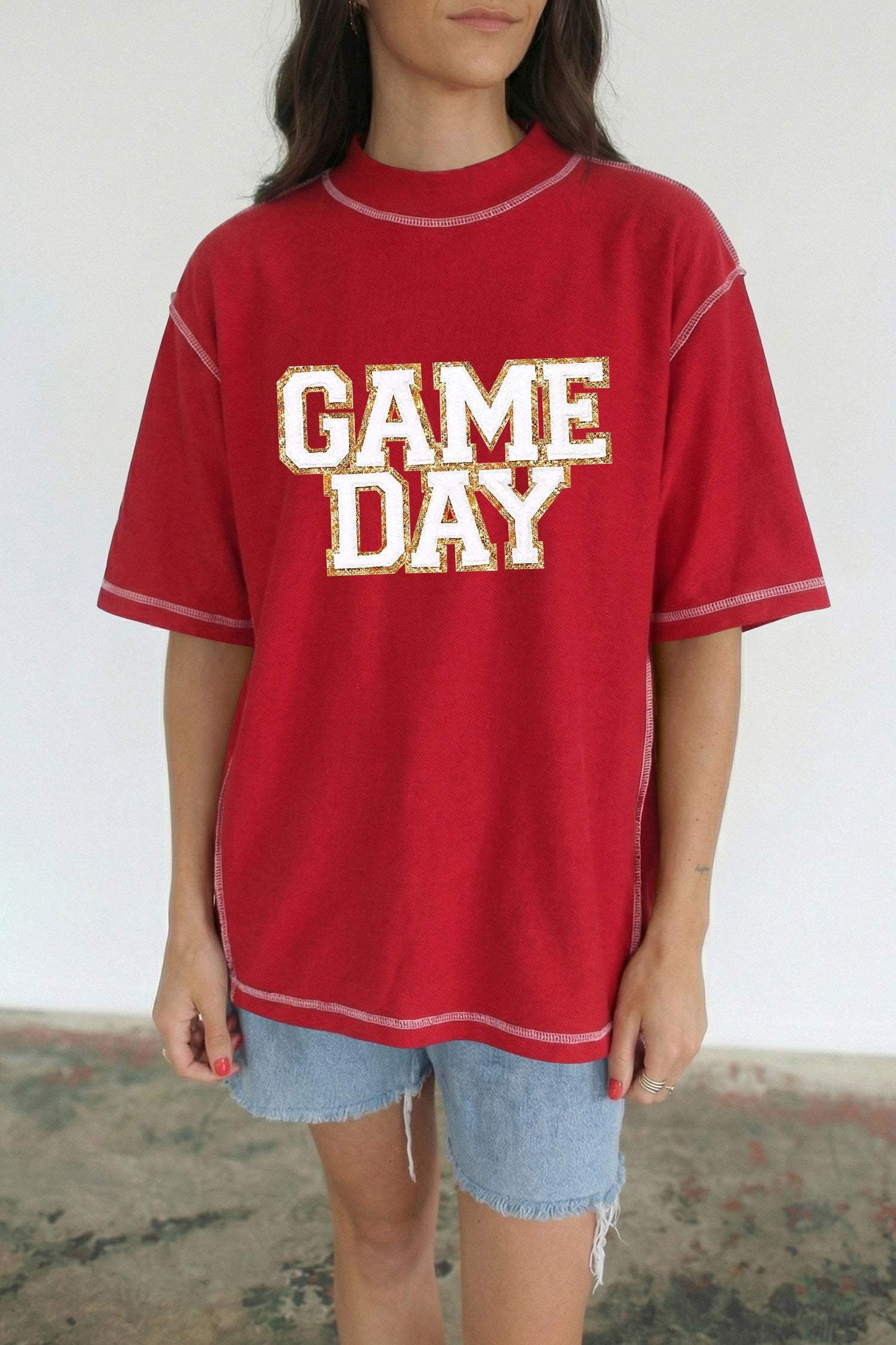 Racing Red Shiny Game Day Lettering Contrast Seam Detail Graphic Tee