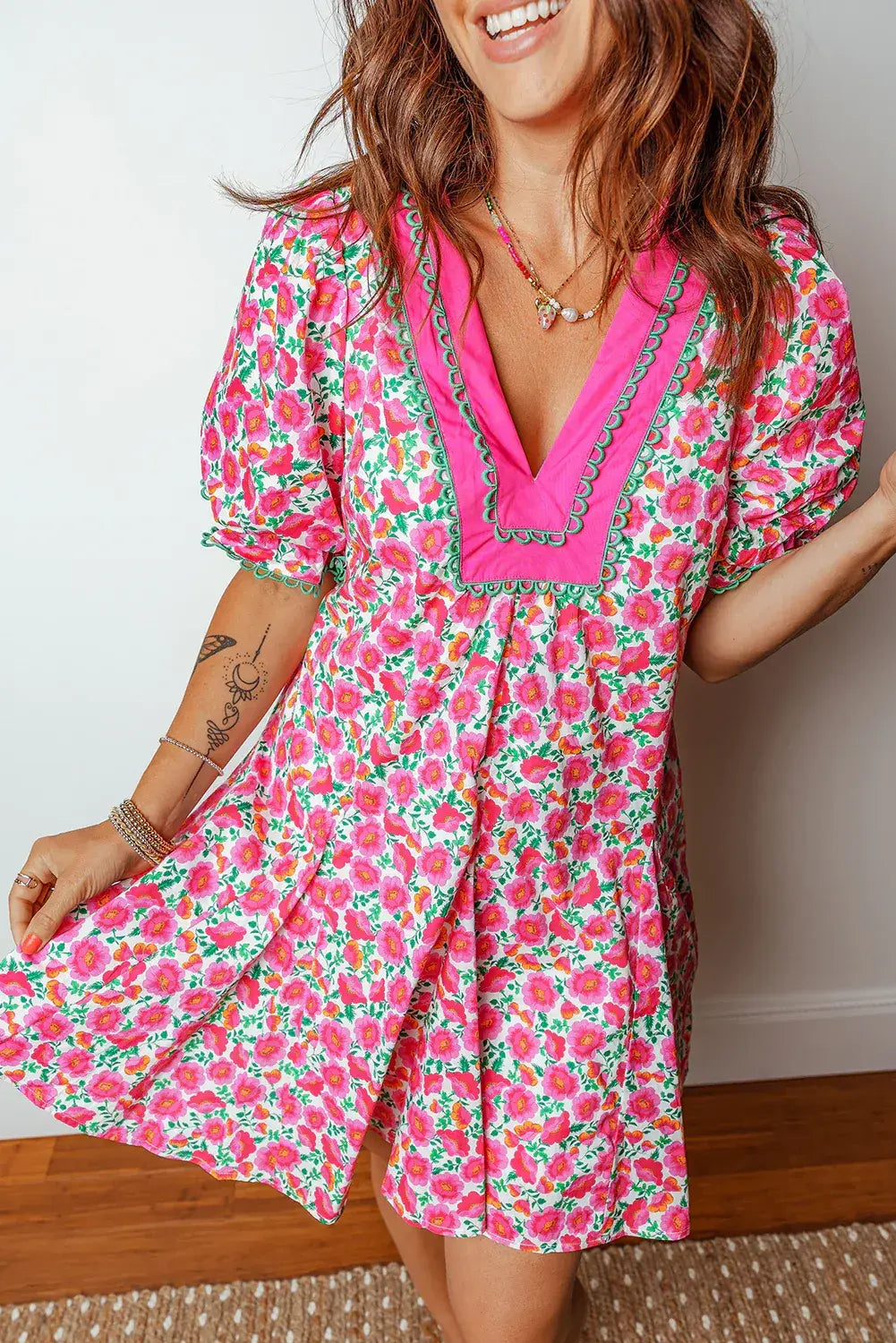 Pink Floral Print V Neck Patchwork Short Bubble Sleeve Mini Dress - Sweet Fashion Wholesale