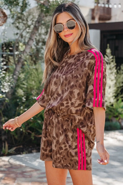 Brown Contrast Striped Accent Leopard Short Set - Sweet Fashion Wholesale