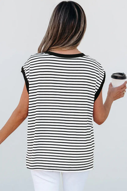 Red Stripe Chest Pocket Patch Round Neck Tank Top