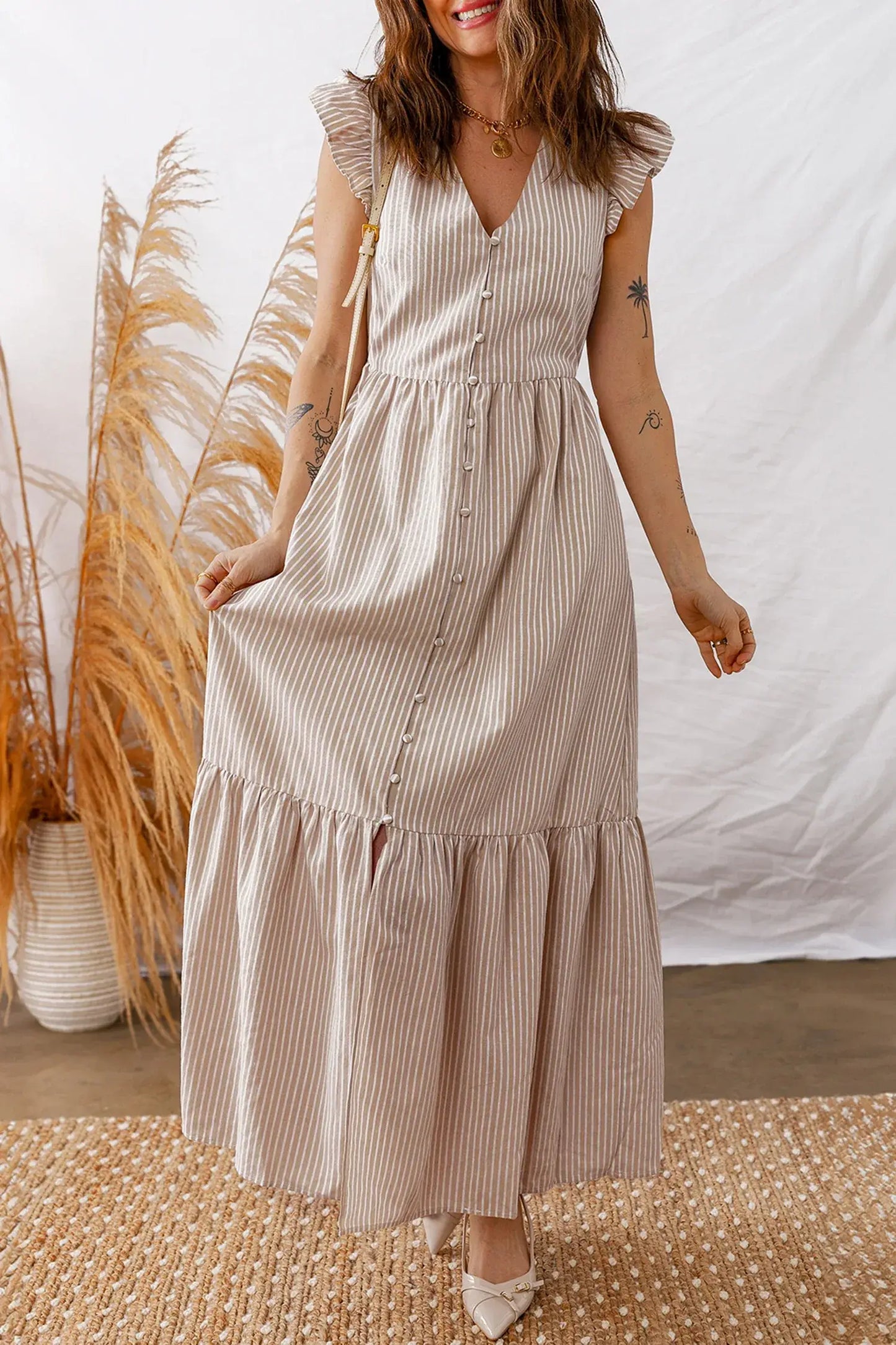 Khaki Stripe Flutter Sleeve Buttoned Front Slit Maxi Dress - Sweet Fashion Wholesale
