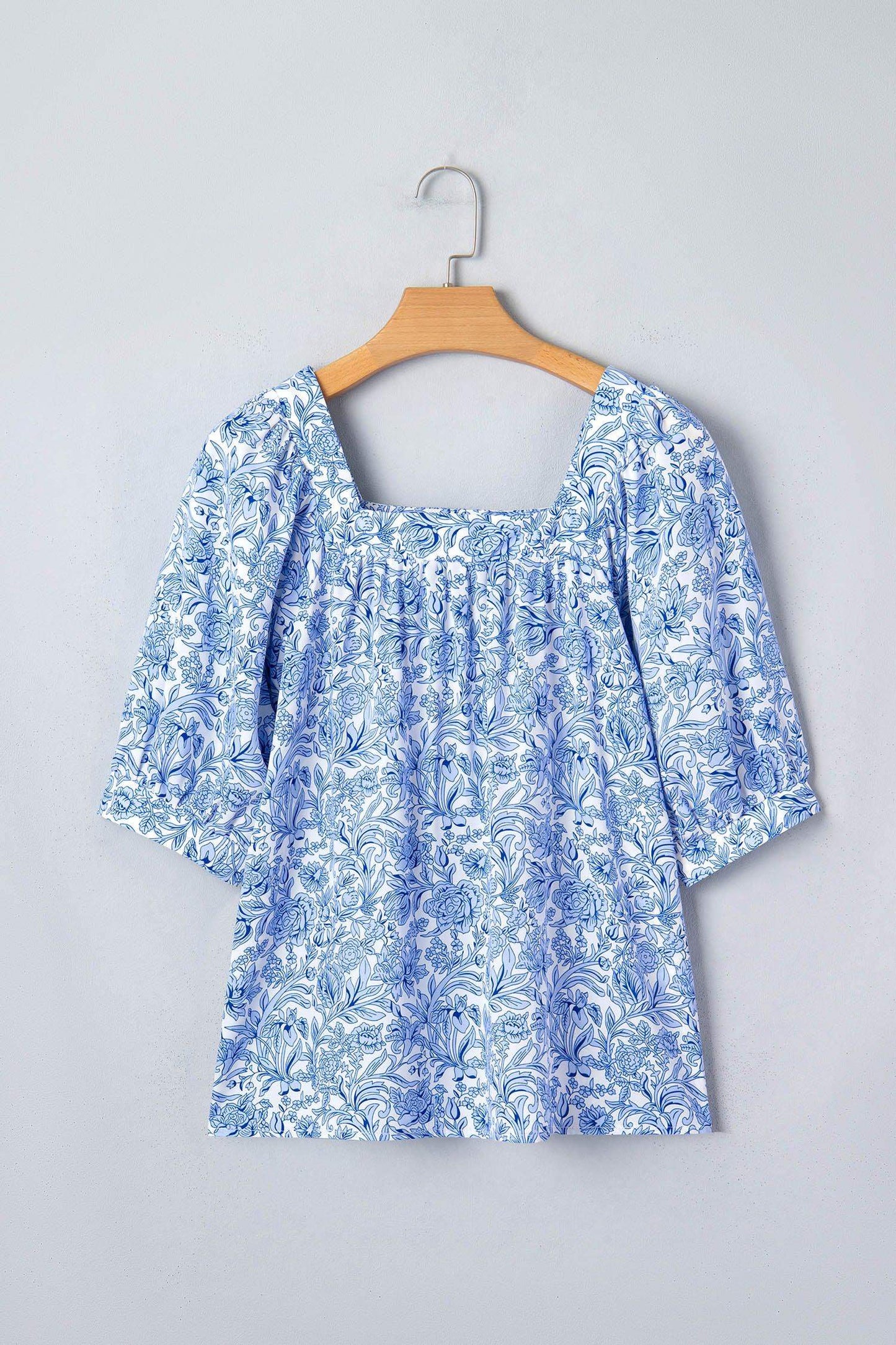 Sky Blue Square Neck Short Puff Sleeve Pleated Floral Blouse - Sweet Fashion Wholesale