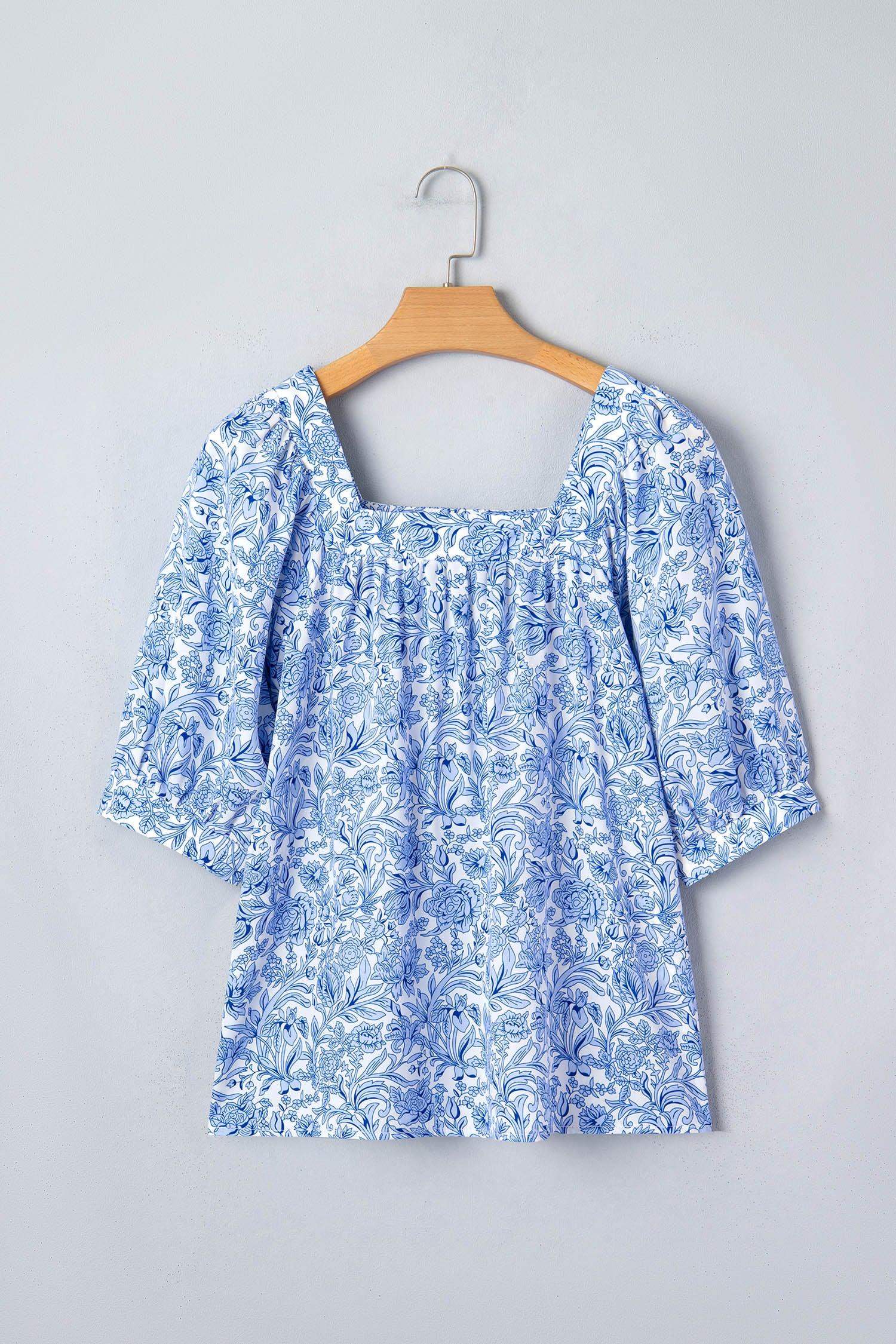 Sky Blue Square Neck Short Puff Sleeve Pleated Floral Blouse - Sweet Fashion Wholesale