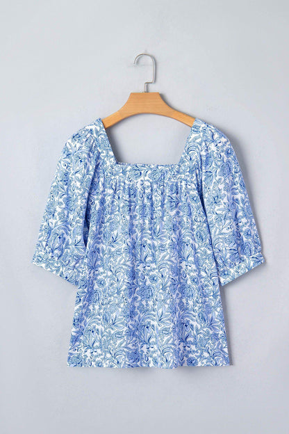 Sky Blue Square Neck Short Puff Sleeve Pleated Floral Blouse - Sweet Fashion Wholesale