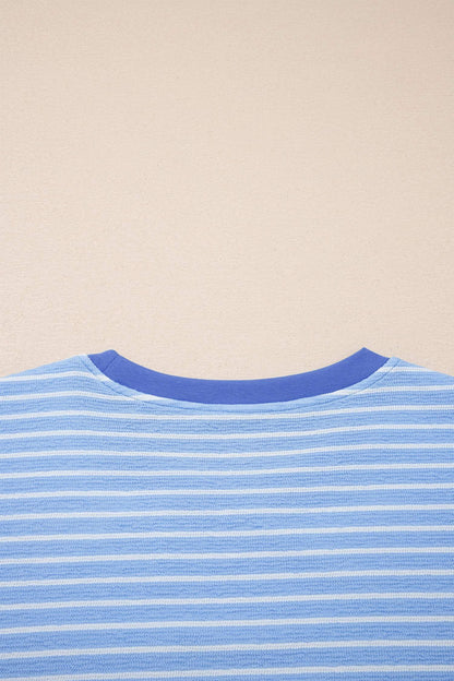 Sky Blue Stripe Crew Neck Tee Drawstring Waist Cropped Pants Set