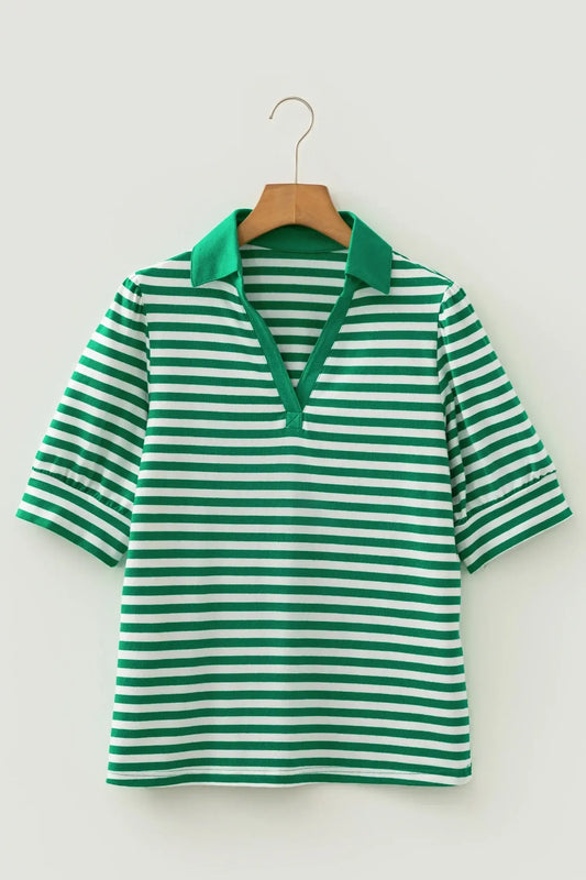 Green Stripe Collared V Neck Short Puff Sleeve Top - Sweet Fashion Wholesale
