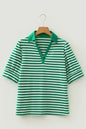 Green Stripe Collared V Neck Short Puff Sleeve Top - Sweet Fashion Wholesale