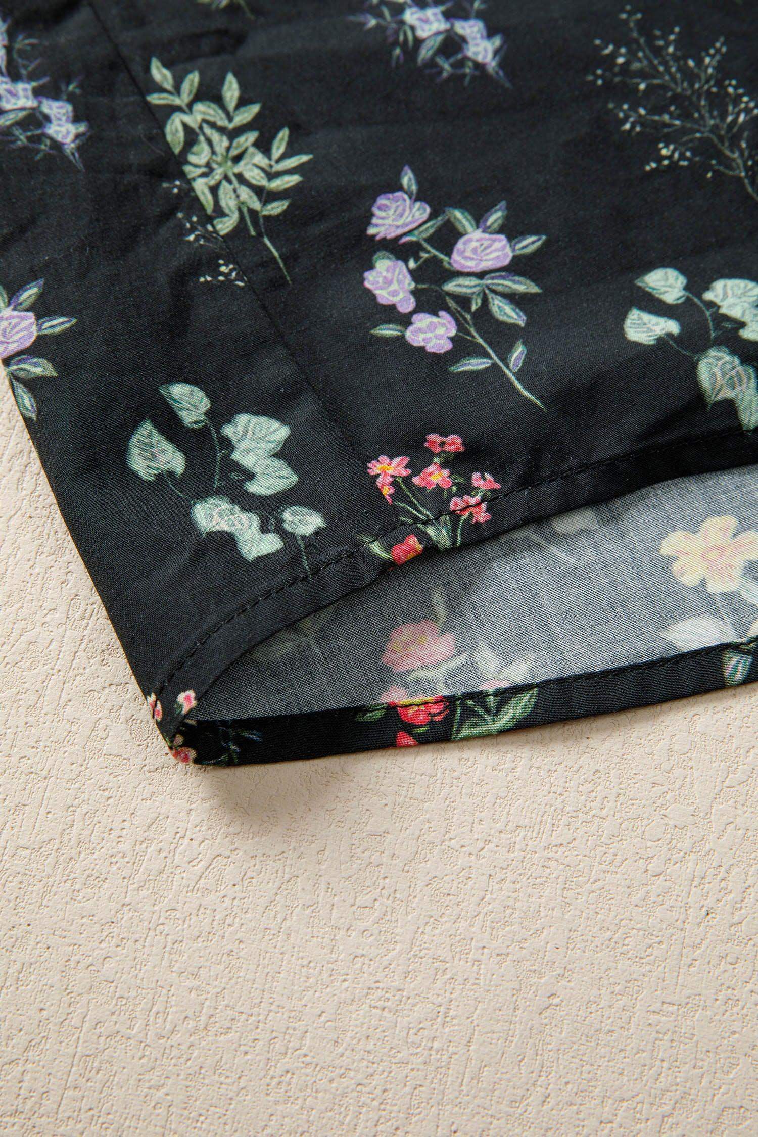 Black Contrast Frilled Trim Short Sleeve Floral Shirt - Sweet Fashion Wholesale