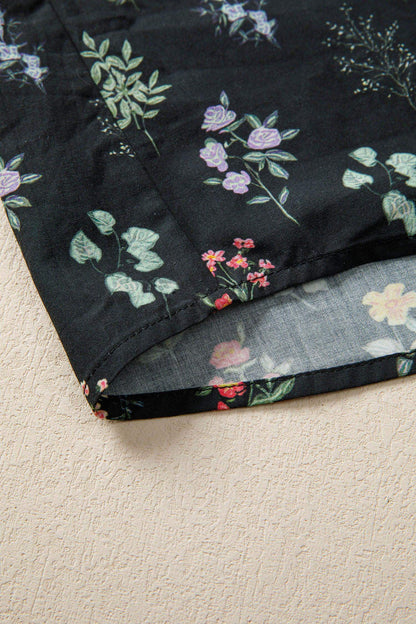 Black Contrast Frilled Trim Short Sleeve Floral Shirt - Sweet Fashion Wholesale