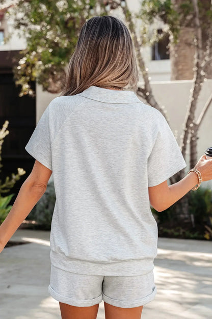 Light Grey Collared V Neck Tee Drawstring Elastic Waist Shorts 2pcs Outfit - Sweet Fashion Wholesale