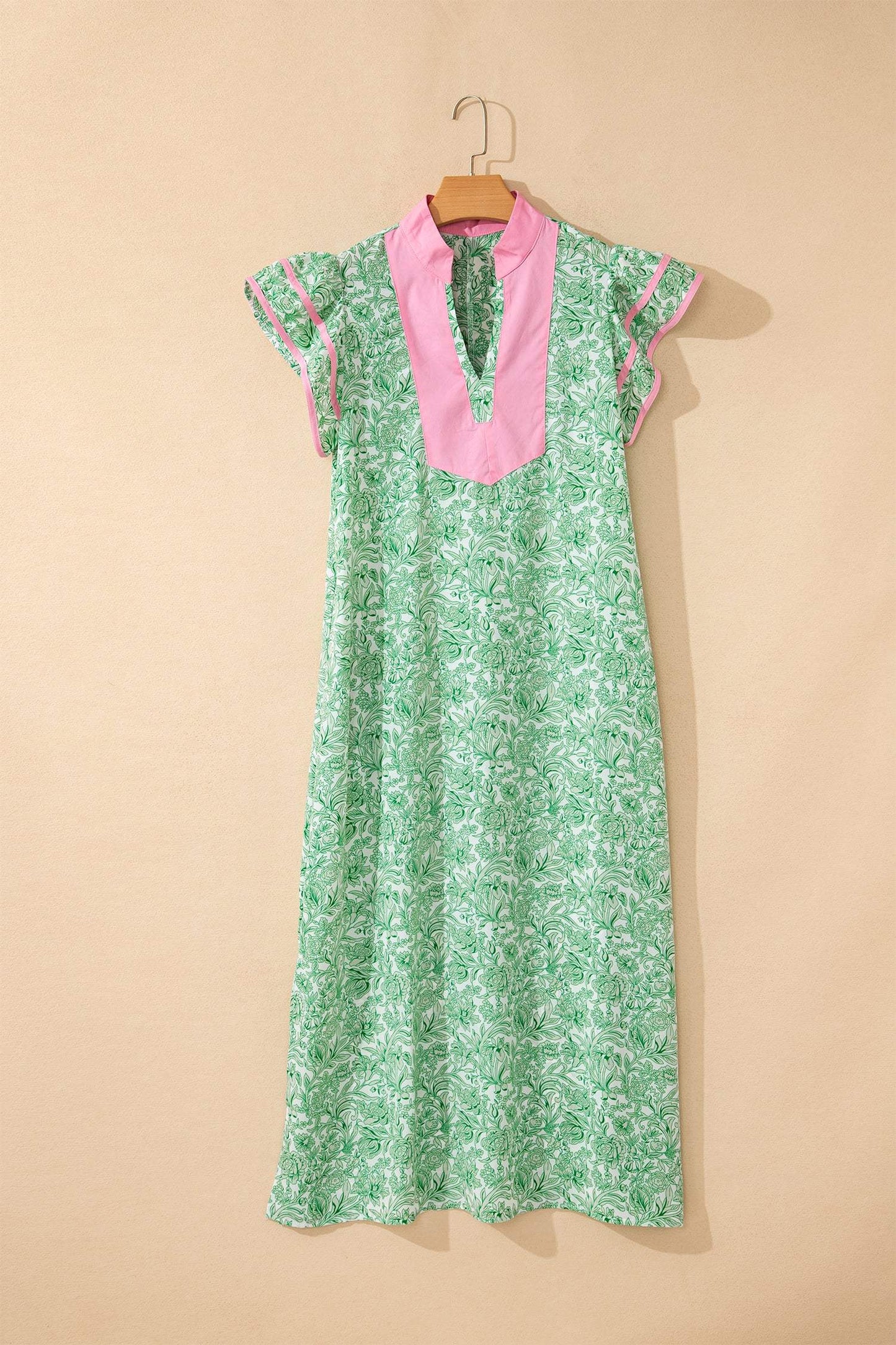 Pink Floral Print Color Block Patchwork V Neck Short Sleeve Midi Dress