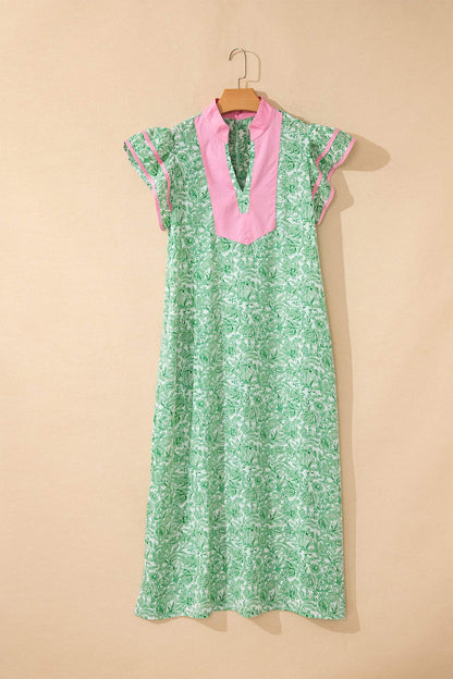 Pink Floral Print Color Block Patchwork V Neck Short Sleeve Midi Dress
