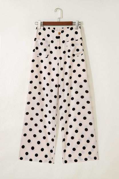 Sky Blue Polka Dot Print Patched Pocket Mid-rise Straight Leg Pants