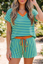 Green Stripe Colorblock Trim V Neck Tee Drawstring Elastic Waist Short Set