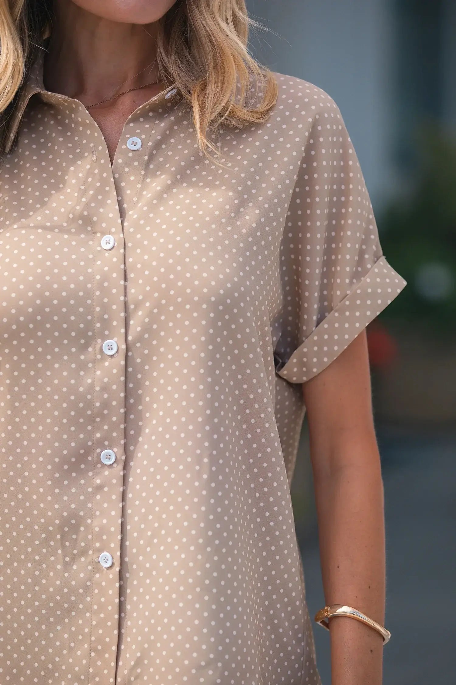Khaki Dotted Print Cuffed Short Sleeve Shirt - Sweet Fashion Wholesale