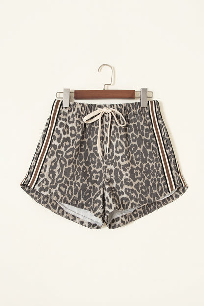 Multicolour Leopard Pattern Striped Detail Drawstring Denim Shorts