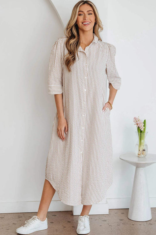 Khaki Stripe Frilled Collar Half Sleeve Shirt Maxi Dress - Sweet Fashion Wholesale