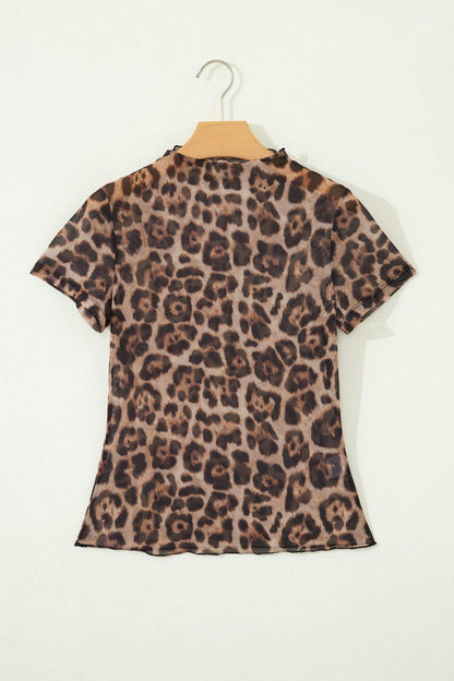 Camel Leopard Printed Mesh Short Sleeve Top