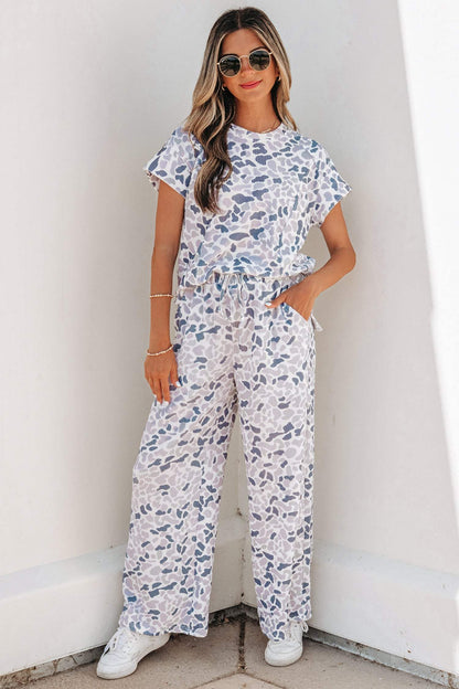 Beige Camouflage Print Twisted Rib Loose Tee Drawstring Pants Set