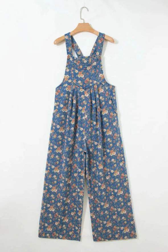 Blue Vintage Rose Printed Pleated Loose Denim Overall Jumpsuit