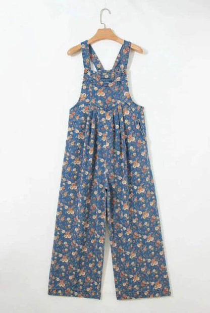 Blue Vintage Rose Printed Pleated Loose Denim Overall Jumpsuit