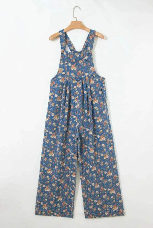 Blue Vintage Rose Printed Pleated Loose Denim Overall Jumpsuit