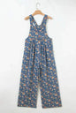 Blue Vintage Rose Printed Pleated Loose Denim Overall Jumpsuit