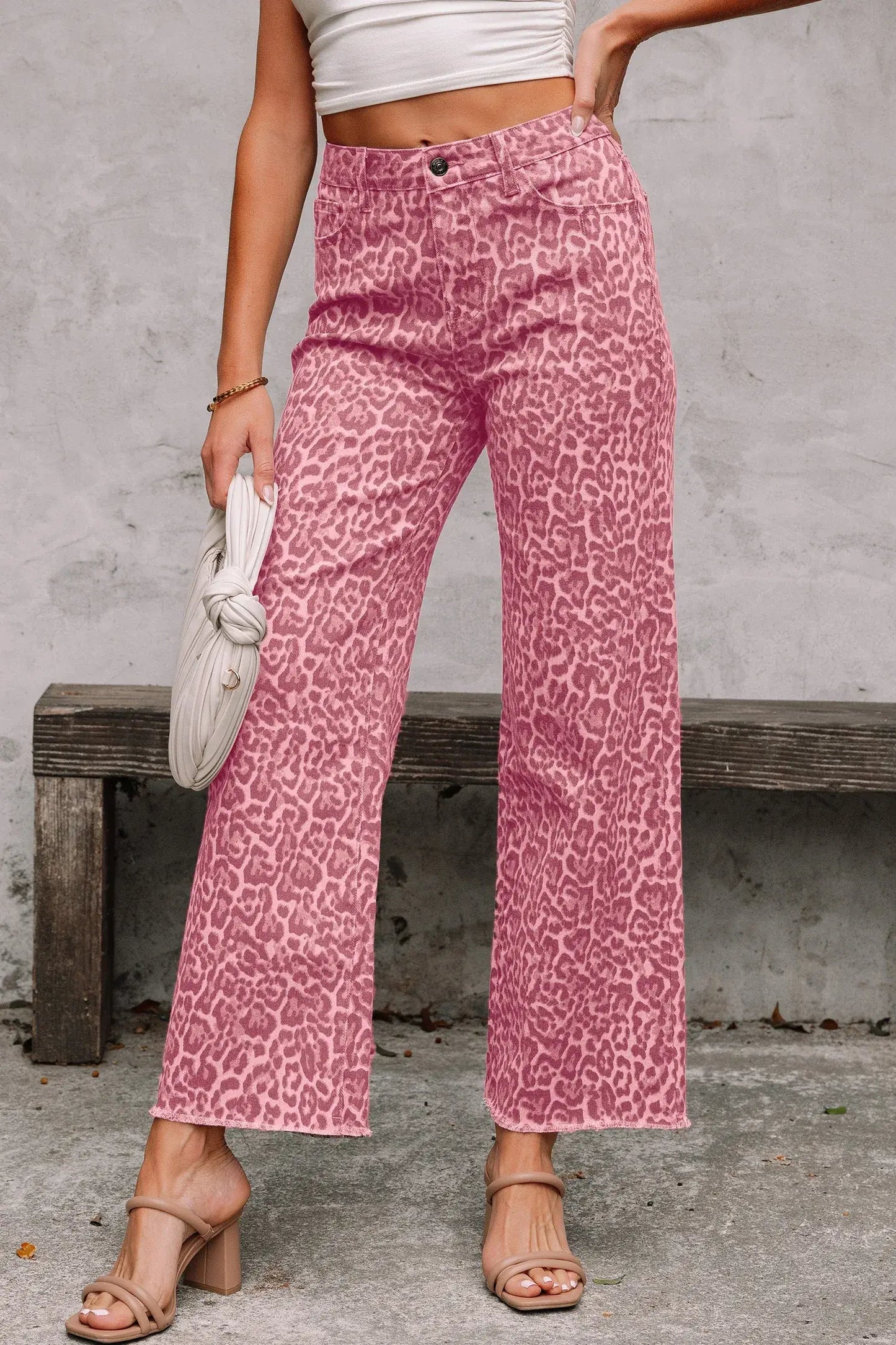 Gray Leopard Frayed Edge Wide Leg High Waist Jeans - Sweet Fashion Wholesale