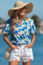 Sky Blue Floral Print Short Puff Sleeve V Neck Blouse - Sweet Fashion Wholesale