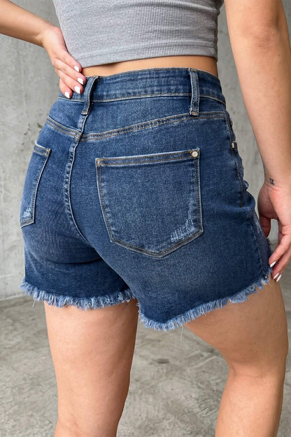 Sail Blue Asymmetric Raw Hem Distressed Whiskery Denim Shorts