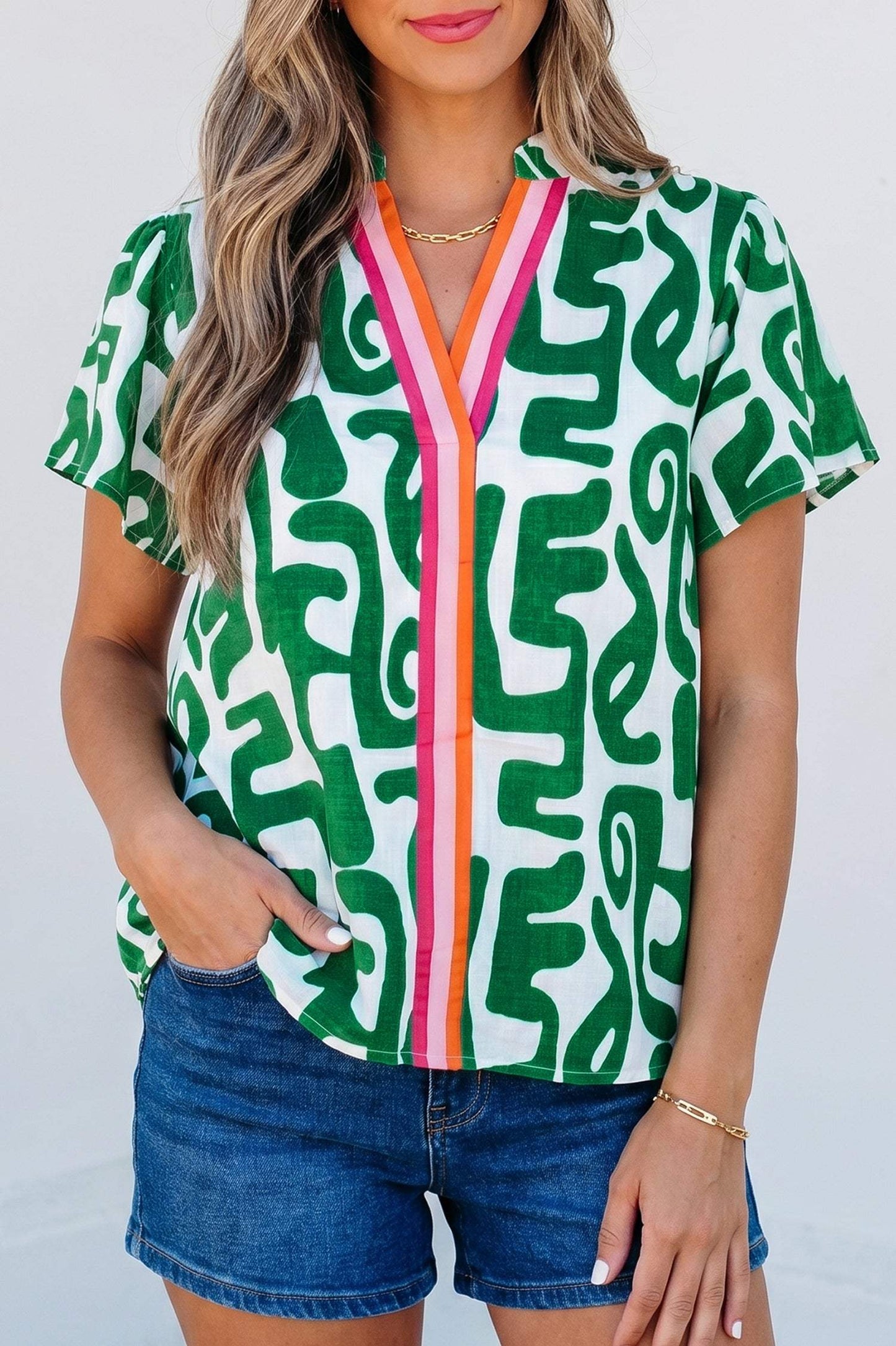 Green Abstract Print Striped Trim V Neck Short Sleeve Blouse