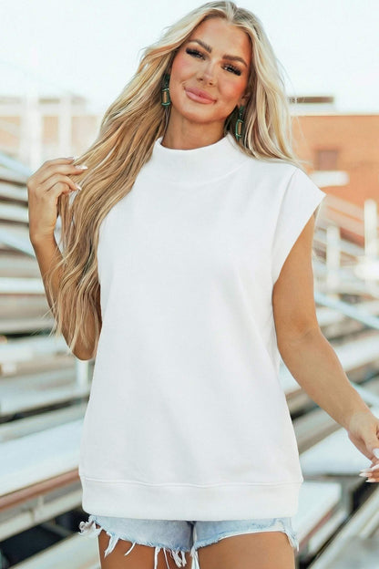 Sky Blue Solid Color High Neck Cap Sleeve Loose Top