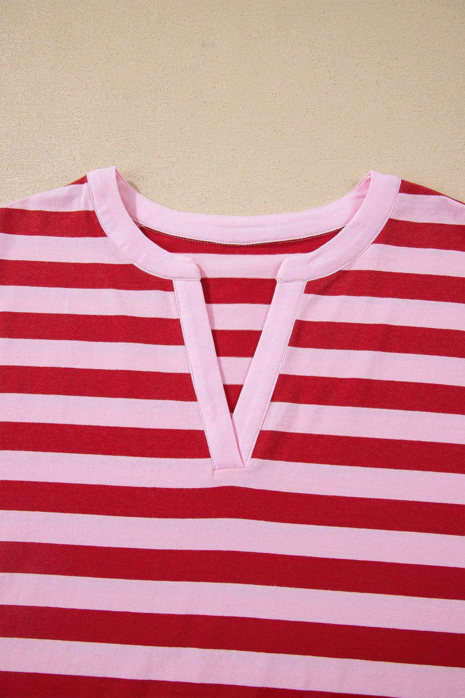 Pink Stripe Split V Neck Casual T Shirt - Sweet Fashion Wholesale