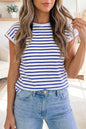 Blue Stripe Contrast Trim Round Neck Cap Sleeve Tee