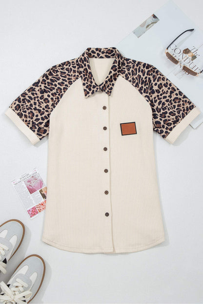 White Ribbed Texture Button Down Leopard Patchwork Short Sleeve Shirt