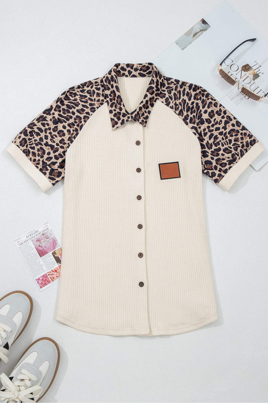 White Ribbed Texture Button Down Leopard Patchwork Short Sleeve Shirt