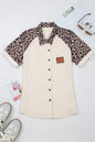 White Ribbed Texture Button Down Leopard Patchwork Short Sleeve Shirt