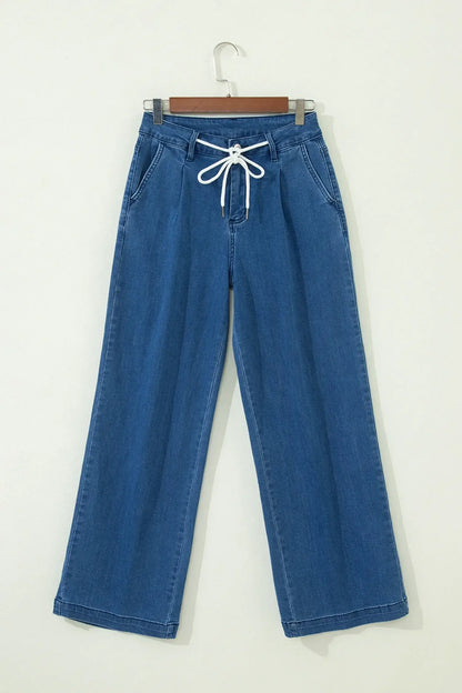 Dusk Blue Lace-up Pull on Wide Leg Jeans - Sweet Fashion Wholesale
