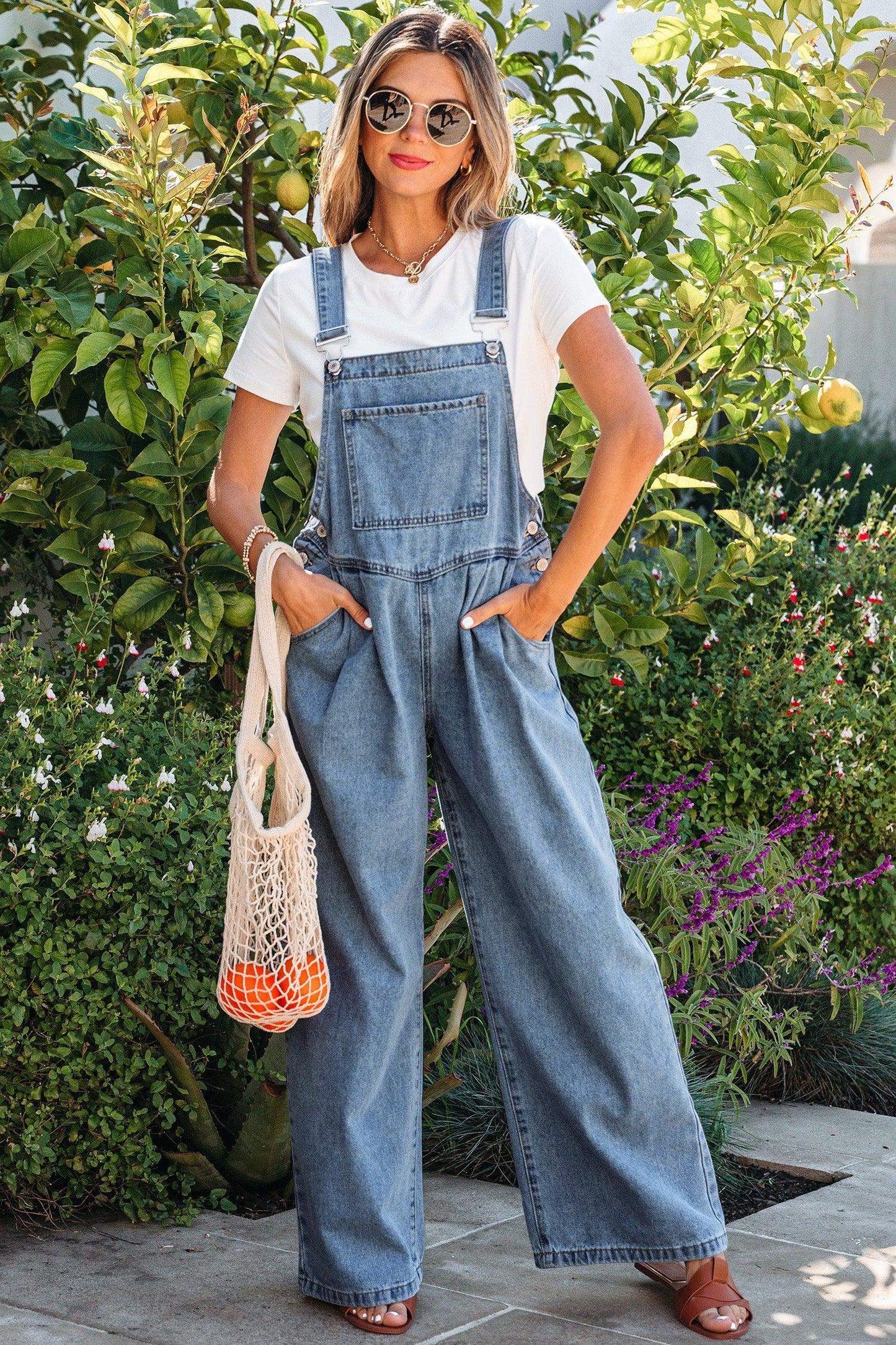 Dusk Blue Pleated Wide Leg Retro Pocketed Denim Jumpsuit - Sweet Fashion Wholesale