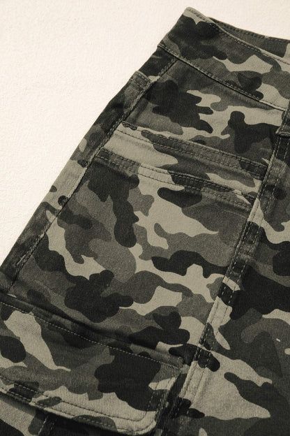 Green Camouflage Print Multi Pocketed Womens Denim Pants