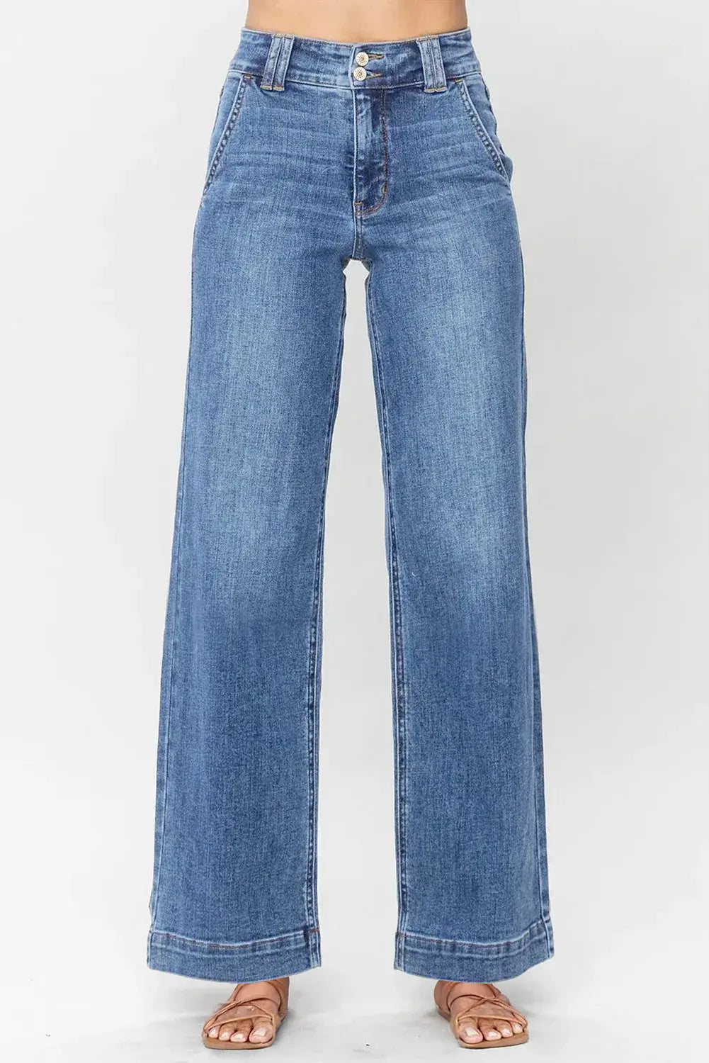Sky Blue Double Button Zip Fly Straight Leg Jeans - Sweet Fashion Wholesale
