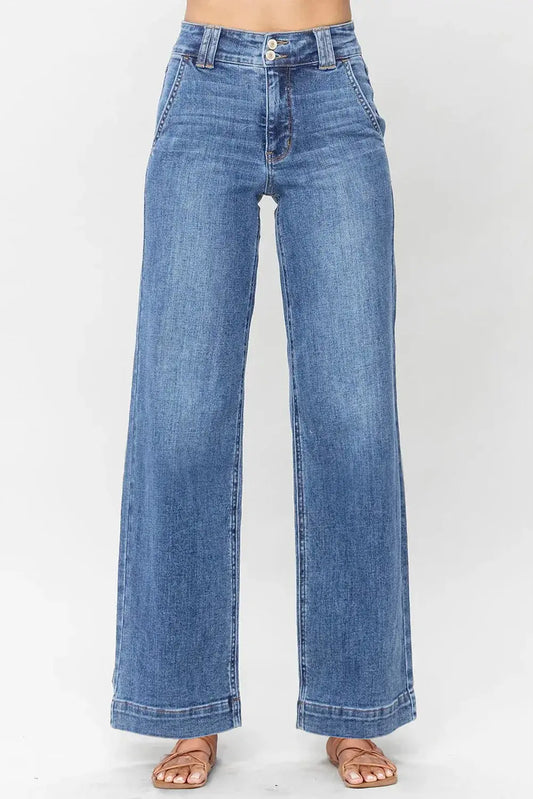 Sky Blue Double Button Zip Fly Straight Leg Jeans - Sweet Fashion Wholesale
