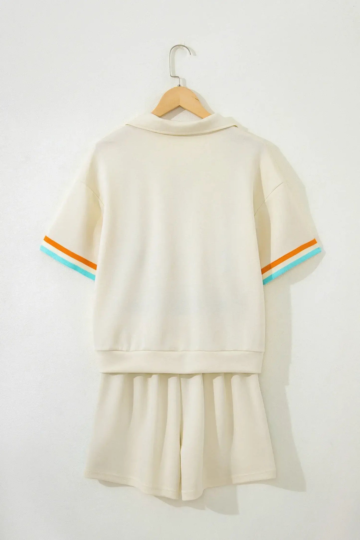 Apricot Colorful Striped Detail Half Zip Polo Tee Loose Shorts Set