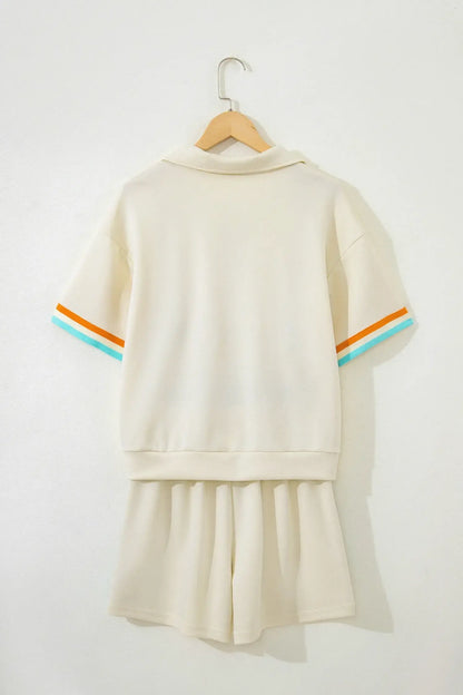 Apricot Colorful Striped Detail Half Zip Polo Tee Loose Shorts Set